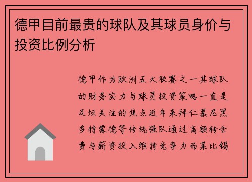德甲目前最贵的球队及其球员身价与投资比例分析